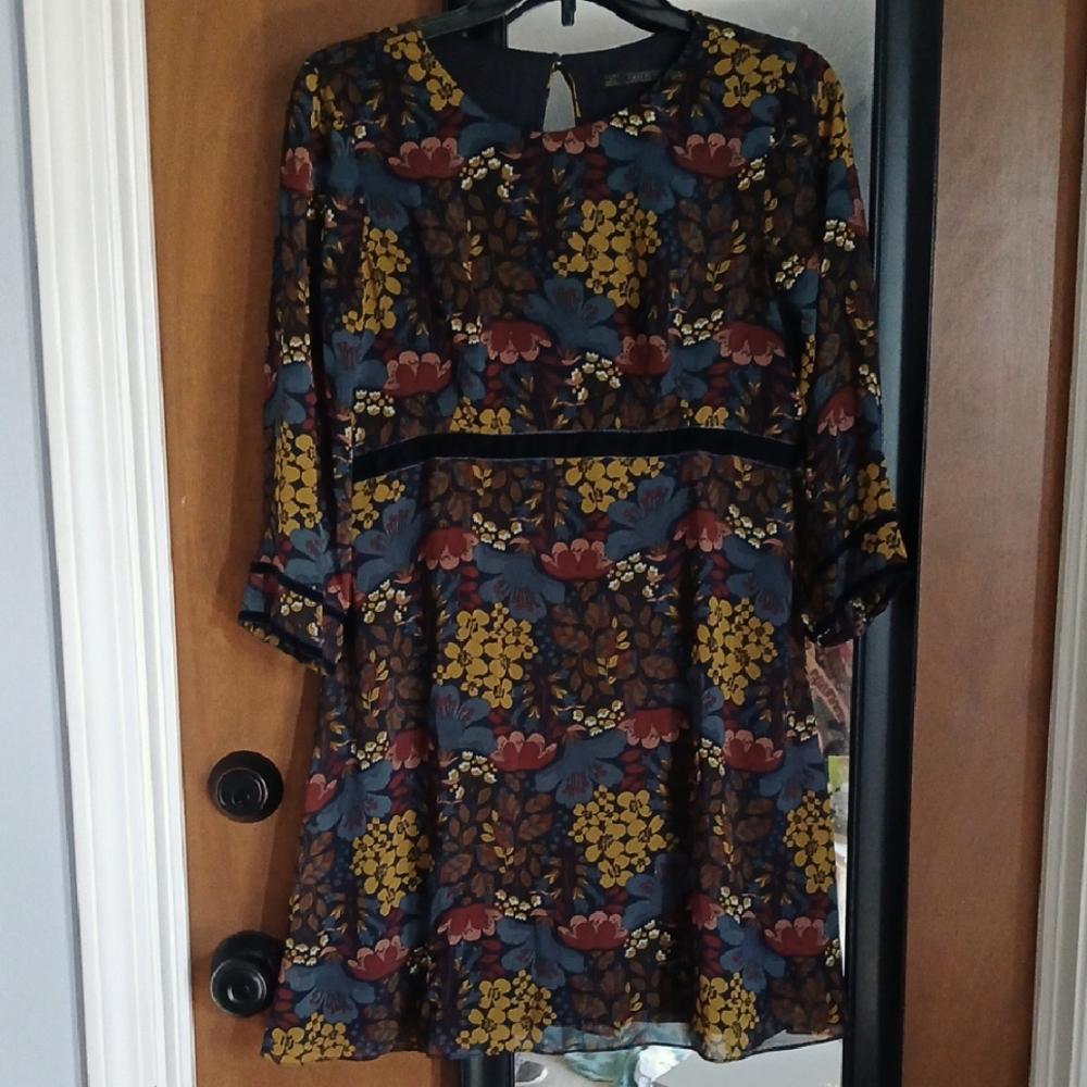 ZARA Hippie Retro 60s 70s Floral Velvet Trim Dress M